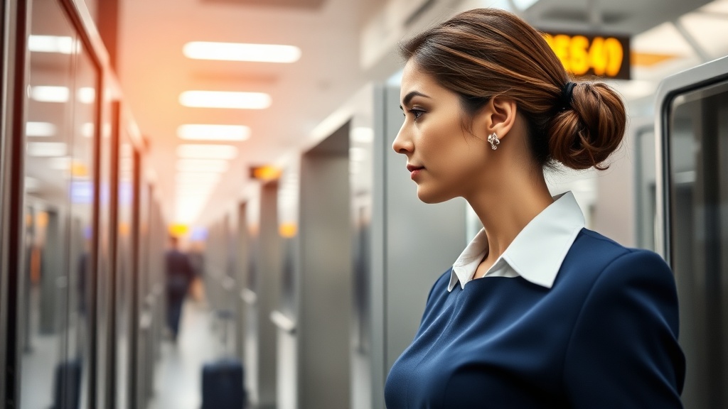 항공 승무원이 전용 보안 검색대를 통과하는 모습을 나타낸 이미지