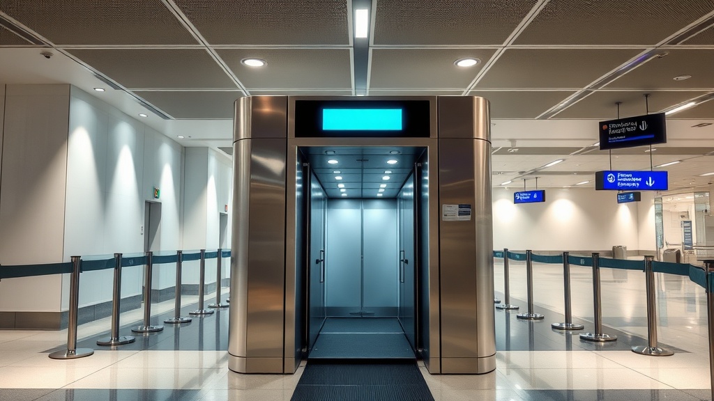 공항 보안 검색에 사용되는 전신 스캐너 장비의 외관 이미지