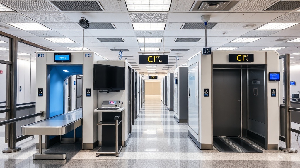 다양한 보안 검색 장비가 배치된 검색대 구역 이미지