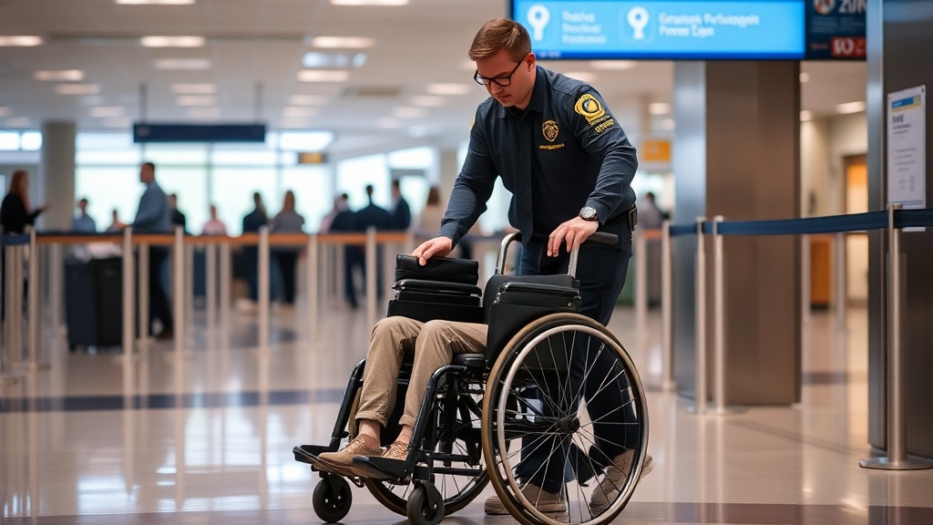 휠체어를 사용하는 승객이 공항 보안 검색을 받는 모습을 나타낸 이미지
